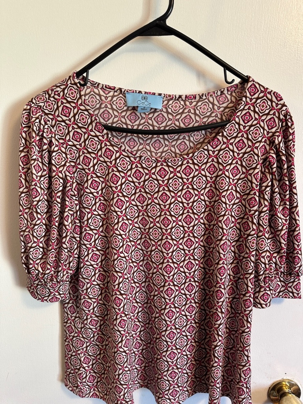 CeCe Pink and Cream Geometric Puff-Sleeve Blouse